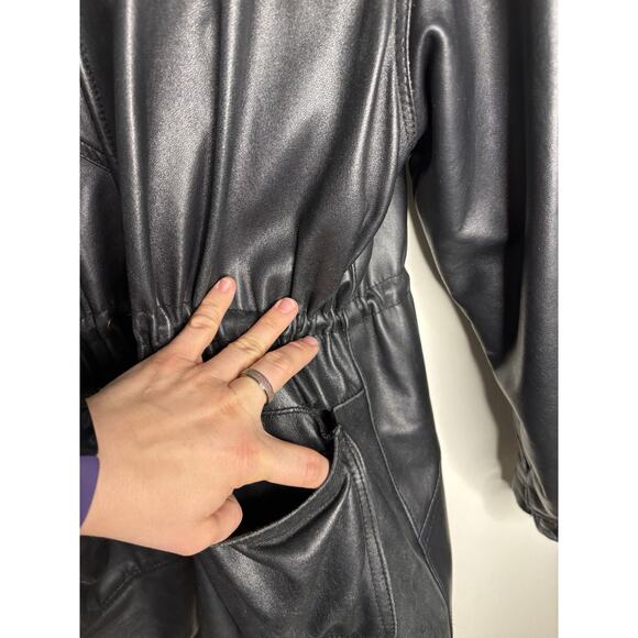 Vintage Echtes Leder Leather Jacket Black Knee Length Cinched Waist Size XL - Picture 5 of 13